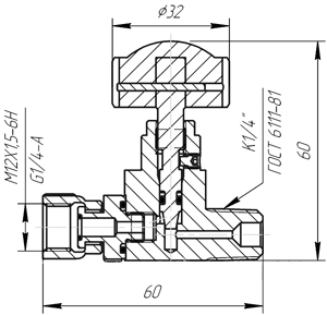 Рис.1. Схема габаритных и присоединительных размеров вентиля прямого В-2,3