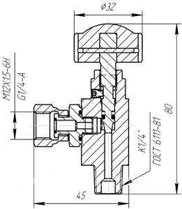 Рис.2. Схема габаритных и присоединительных размеров вентиля углового В-2,3