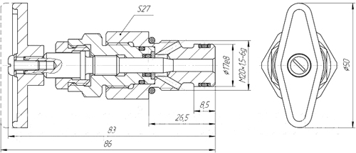 Рис.3. Схема габаритных и присоединительных размеров вентиля ввертного В-2,3