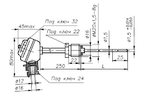 Габаритные размеры преобразователей термоэлектрических ТХА-1690В/ТХК-1690В