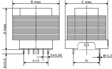 Схема габаритных размеров трансформатора питания ТШ