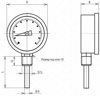 Рис.1. Габаритный чертеж термометров биметаллических радиальных ТБУ-63