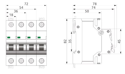 "Схема габаритных и присоединительных размеров выключателя FB1-63 ECO 4P B5"