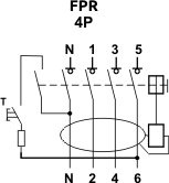 Рис.1. Схема подключения реле защитного отключения FPR-A 4P 63A 30mA принципиальная