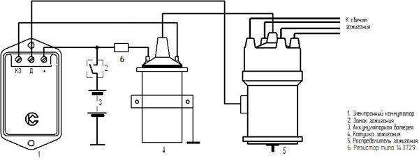 Рис.1. Схема включения в систему зажигания коммутатора 90.3734