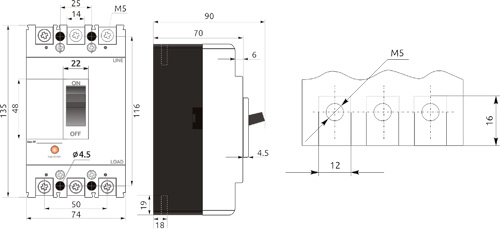 Рис.1. Схема габаритных размеров выключателя FMC1/3U 50A 3-5In