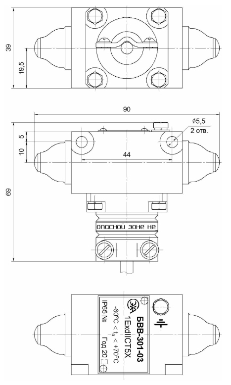 Габаритные и установочные размеры блока выключателей БВВ-301-03